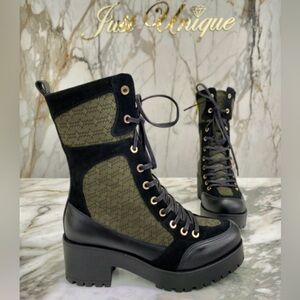 Elegant Black and Green Lace-Up Combat Leather Boots size 10 or 40